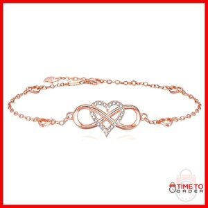 925 Sterling Silver Infinity Heart Ankle Bracelet Cubic Zirconia Adjustable